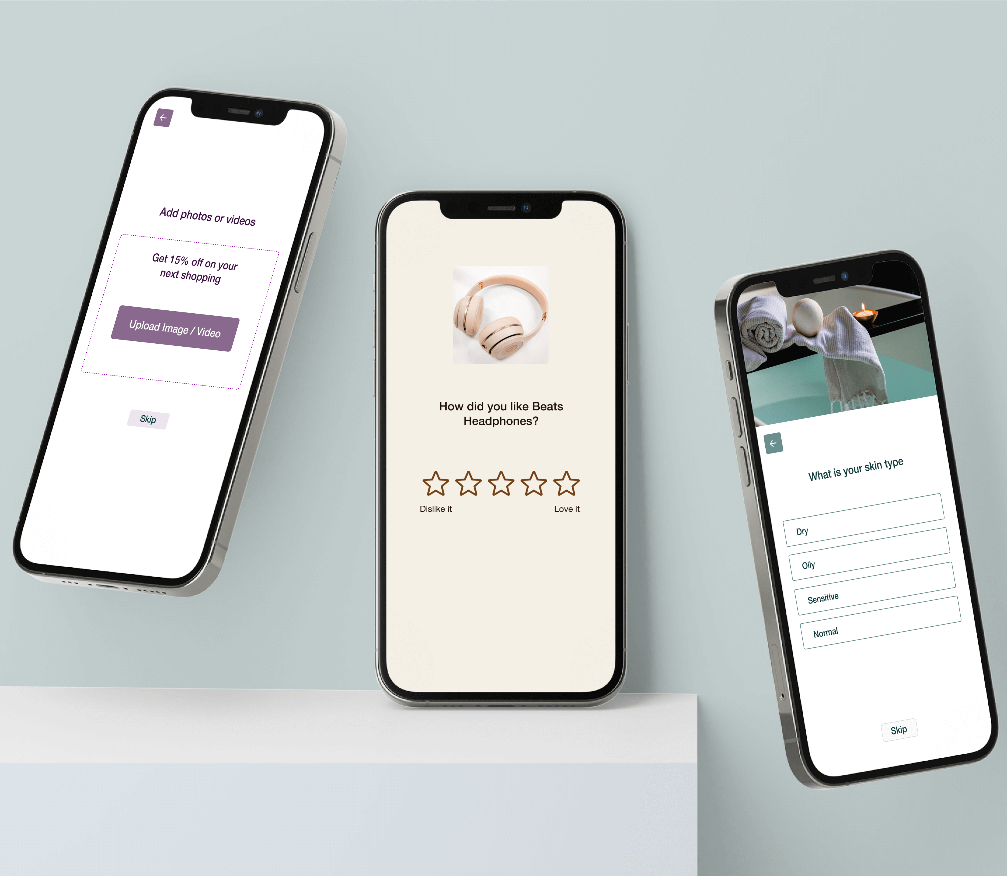 3 Review submission forms on mobile devices, powered by Superdesk. Each of them branded differently for 3 different businesses.