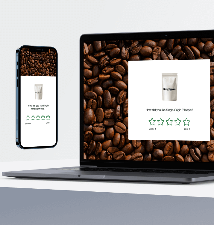 Review form for a coffee shop which sells their coffee pouches online. Forms are custom branded, powered by Superdesk